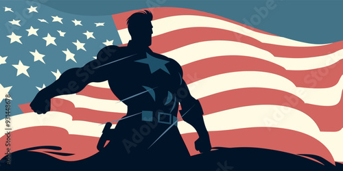 Fictional American hero standing on a waving USA flag background, retro style illustration.