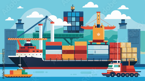 Flat cargo ship in docks. Harbor crane of shipping port loading containers to marine ocean freight vessel boat, worldwide marine industry water transport truck in sea port vector illustration	