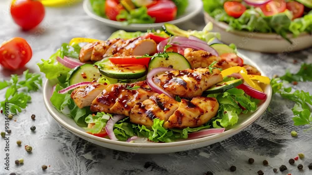Colorful salad with grilled chicken on marble table. Colorful salad with grilled chicken on marble table.