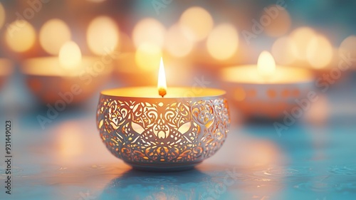 Decorative diya holders, intricate designs, 3D illustration photo