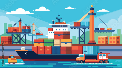 Flat cargo ship in docks. Harbor crane of shipping port loading containers to marine ocean freight vessel boat, worldwide marine industry water transport truck in sea port vector illustration	