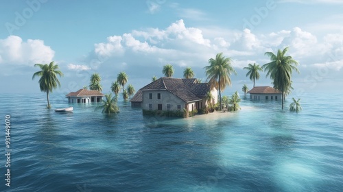 A serene landscape featuring houses surrounded by calm, blue waters and palm trees, illustrating an idyllic tropical paradise.