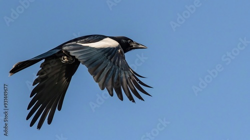 Magpie in flight its black and white feathers contrasting against a clear blue sky photo