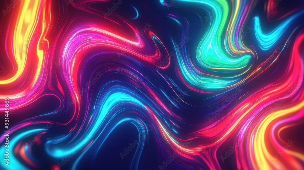 Fototapeta premium A vibrant, swirling abstract pattern with colorful neon hues on a dark background.