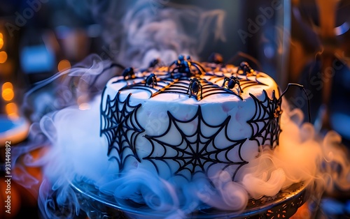 Spooky Halloween cake with spider web design and creepy decorations surrounded by mist on a dark background. photo