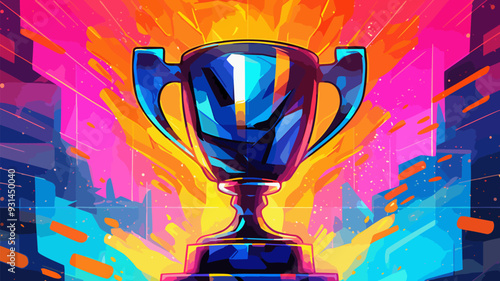 Shiny silver trophy on a vibrant colors low poly modern background, vector illustration.