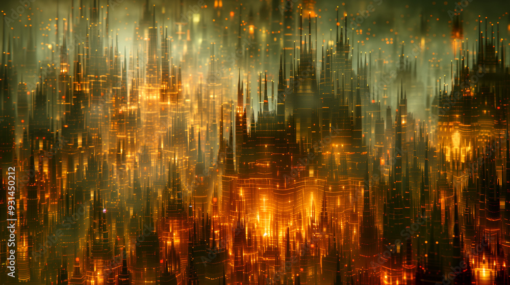 A cityscape with tall buildings and a lot of lights. Scene is energetic and lively A cityscape with tall buildings and a lot of lights. Scene is energetic and lively