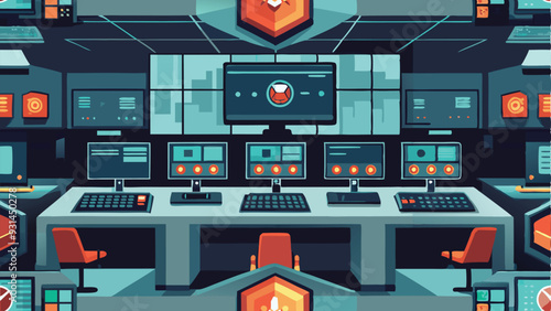 Security control room interior with multiple monitors displaying video vector Illustration	