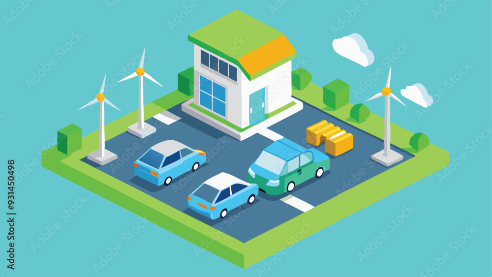 Parking charging station for electric vehicles, EV cars, environmentally clean energy technology, solar panels and wind turbines clean energyon. isometric vector illustration Parking charging station for electric vehicles, EV cars, environmentally clean energy technology, solar panels and wind turbines clean energyon. isometric vector illustration