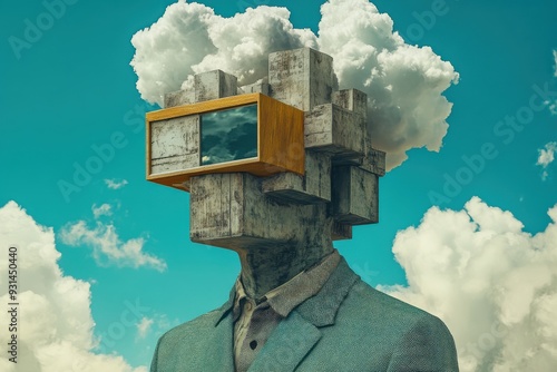 Surreal figure with cloud head and abstract visor
