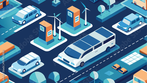 Parking charging station for electric vehicles, EV cars, environmentally clean energy technology, solar panels and wind turbines clean energyon. isometric vector illustration	