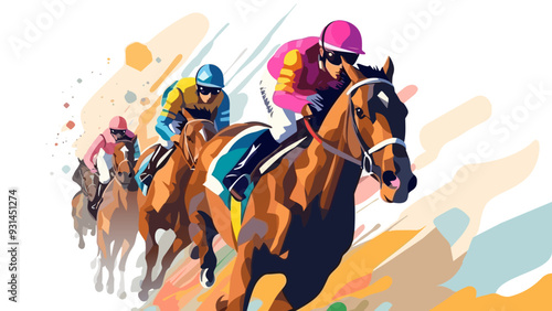 Horse racing tournament flat style colorful vector illustration with 3 jockeys sprinting with horses.