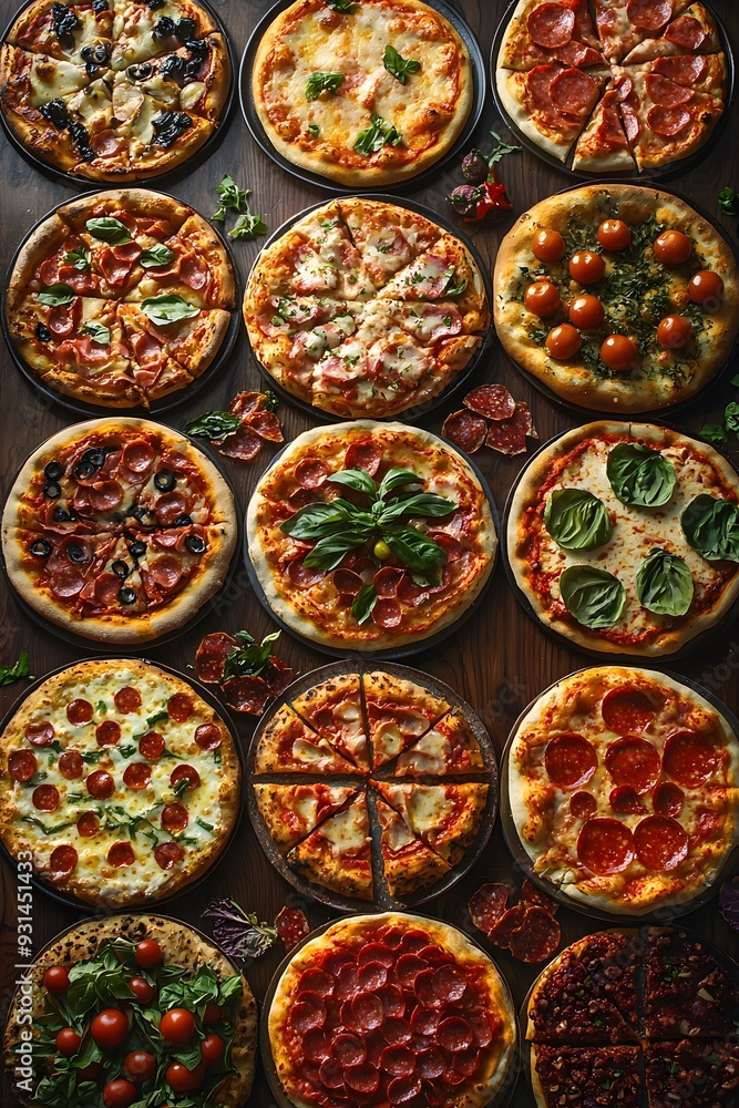 Various pizzas with an assortment of diverse toppings, captured in high resolution with a colorful and appetizing presentation. Various pizzas with an assortment of diverse toppings, captured in high resolution with a colorful and appetizing presentation.