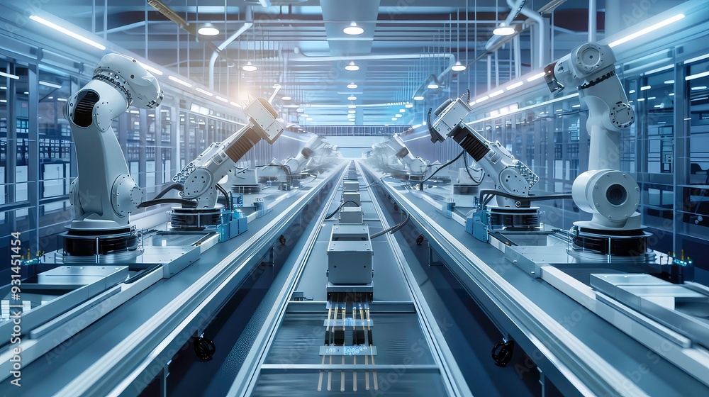 A series of robotic arms are positioned along a conveyor belt in a futuristic factory setting. They are operating together to assemble products. A series of robotic arms are positioned along a conveyor belt in a futuristic factory setting. They are operating together to assemble products.