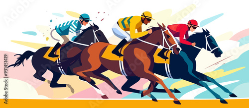 Horse racing tournament flat style colorful vector illustration with 3 jockeys sprinting with horses.