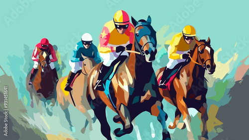 Horse racing poster, with sprinting horses and jockeys, flat style colorful vector illustration.