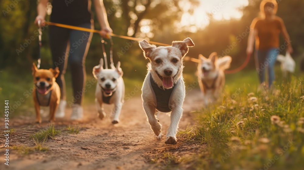 Enjoyable Evening Walk with Multiple Dogs at Sunset Enjoyable Evening Walk with Multiple Dogs at Sunset
