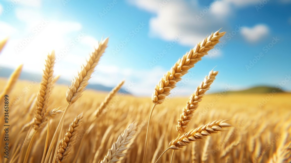 Fototapeta premium Organic wheat field, golden ears swaying in wind, 3D illustration
