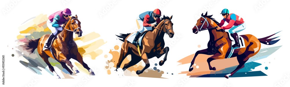 Jockeys riding racehorses on a fast speed, set of flat style vector illustrations, isolated on white background. Jockeys riding racehorses on a fast speed, set of flat style vector illustrations, isolated on white background.