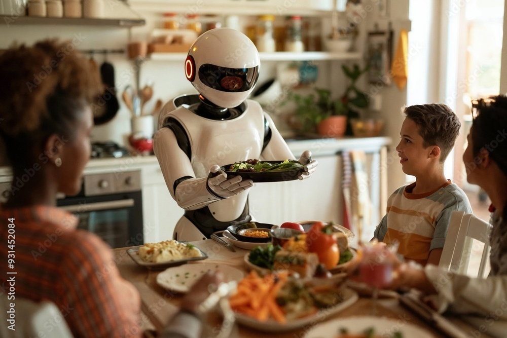 Robot Serving Dinner to Family at Home in Modern Kitchen Robot Serving Dinner to Family at Home in Modern Kitchen