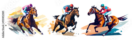 Jockeys riding racehorses on a fast speed, set of flat style vector illustrations, isolated on white background.