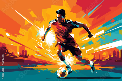 Dribbling soccer player with football ball, flat art style colorful poster, vector illustration.