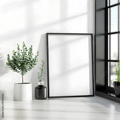 Wallpaper Mural Small standing frame on a table in a clean lounge with white walls, captured at an angle with a modern and minimalist design. Torontodigital.ca