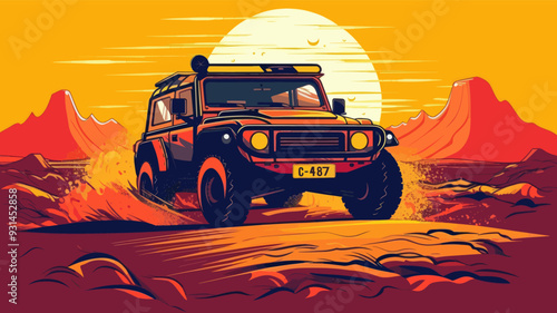 Offroad SUV bashing in canyons desert on a sunset background. 4x4 automotive adventure horizontal banner vector illustration.