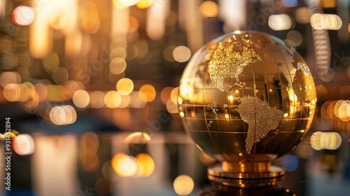 Fototapeta Naklejka Na Ścianę i Meble -  A golden globe with a shiny surface, illuminated by warm lights, with a blurred background of bokeh lights. Generative AI
