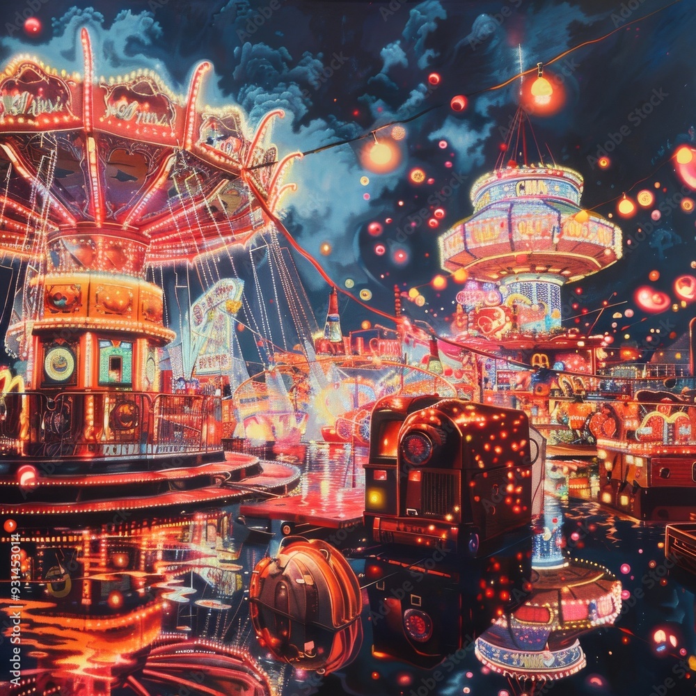 Obraz premium The artwork shows a vibrant carnival at night with colorful lights