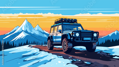 Off-road SUV standing in snowy road, on the winter mountains background. 4x4 automotive adventure horizontal banner vector illustration.