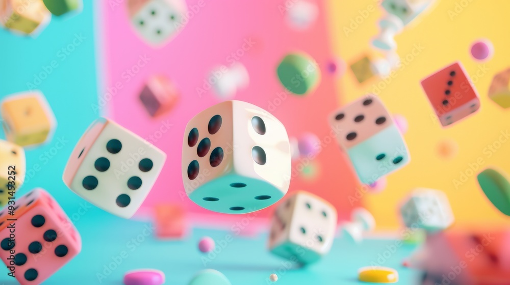 A colorful cascade of dice tumbling in mid-air on a fun, pastel-themed backdrop, invoking a sense of excitement and playful energy. A colorful cascade of dice tumbling in mid-air on a fun, pastel-themed backdrop, invoking a sense of excitement and playful energy.