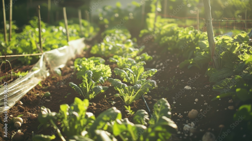 Freshly grown leafy vegetables and young plants bask in the morning sunlight, flourishing in a well-kept garden bed lined with supports. Freshly grown leafy vegetables and young plants bask in the morning sunlight, flourishing in a well-kept garden bed lined with supports.