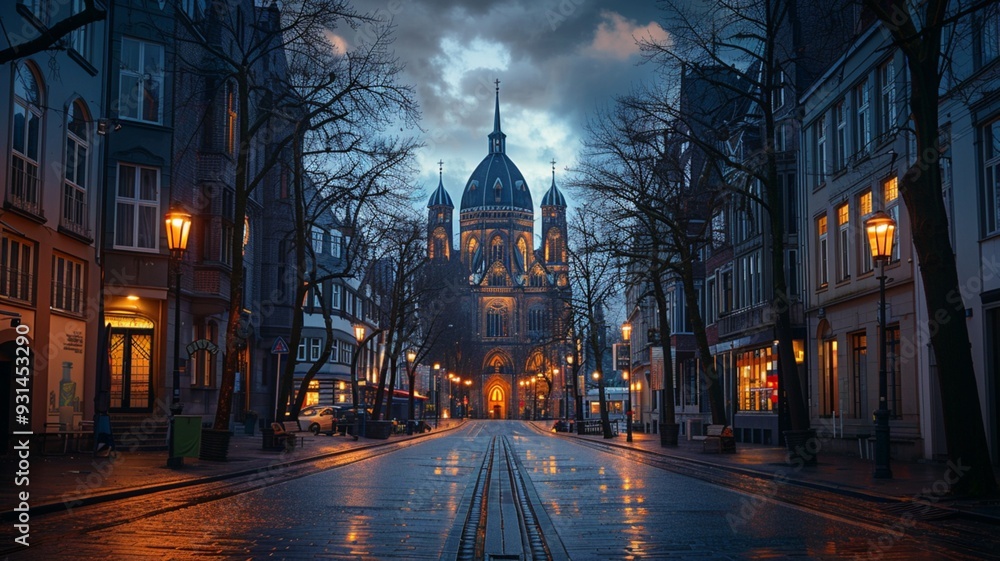 Fototapeta premium Aachen cathedral doom seen in the twilight photography image