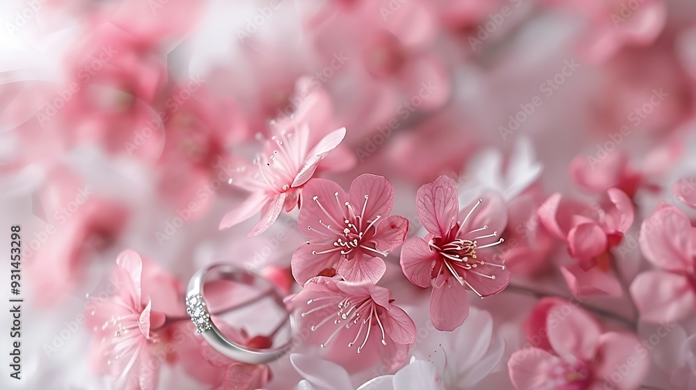 pink flowers and silver ring on a layered white background : Generative AI pink flowers and silver ring on a layered white background : Generative AI