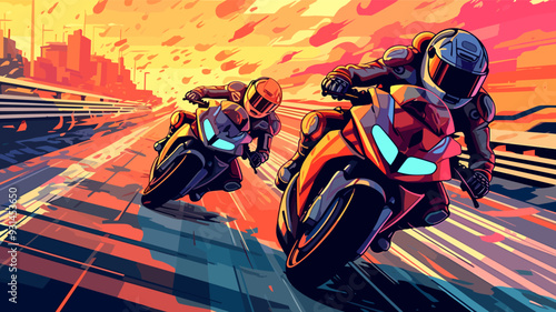 Two bikers accelerate on a highway, surrounded by vibrant neon colors as they race against the backdrop of a stunning sunset. Fantasy motorcycling energetic vector poster.