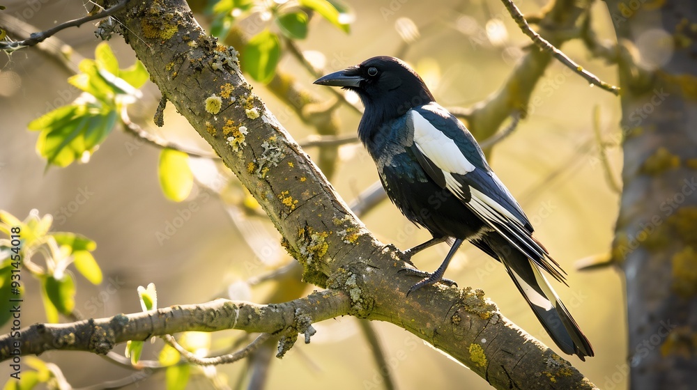 Magpie perched on a tree branch its glossy black and white feathers shimmering in the sunlight Magpie perched on a tree branch its glossy black and white feathers shimmering in the sunlight