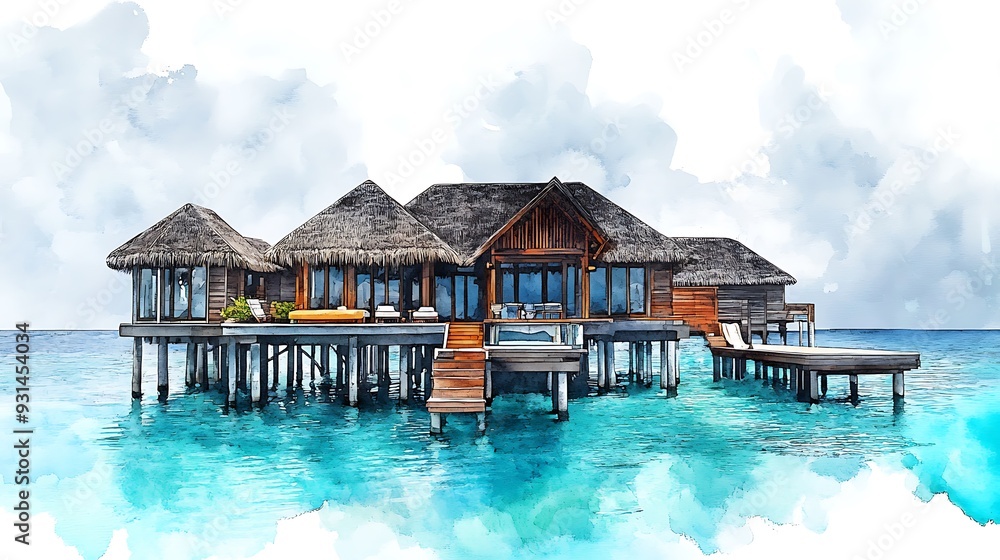 Watercolor painting of an overwater bungalow in the Maldives. Watercolor painting of an overwater bungalow in the Maldives.