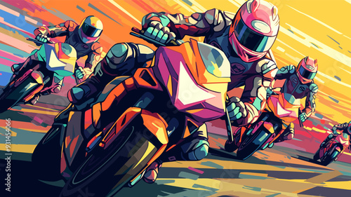 Exciting motorbike racing at sunset, dynamic vector illustration. Motorbike racers speed along the track at sunset in a vibrant vector design.