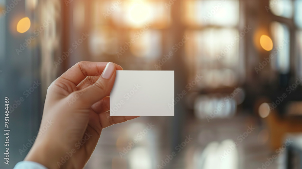 A businesswoman holds a white business card mockup in her hand against the background of an office A businesswoman holds a white business card mockup in her hand against the background of an office