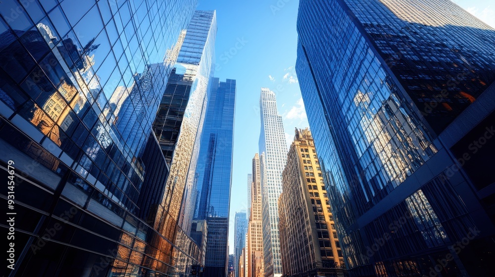 A view of tall, modern skyscrapers reflecting sunlight in an urban setting. A view of tall, modern skyscrapers reflecting sunlight in an urban setting.
