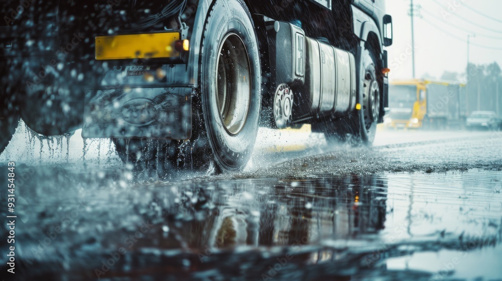A vibrant scene capturing the back of a truck driving through a rainy street, with splashes of water creating dynamic motion. A vibrant scene capturing the back of a truck driving through a rainy street, with splashes of water creating dynamic motion.