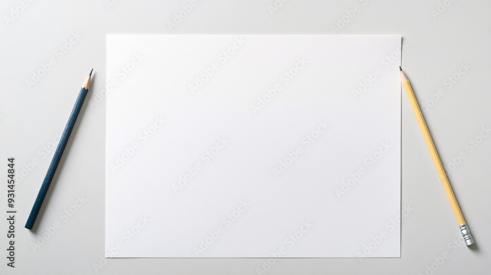Top view of a white desk with a blank sheet of paper pencil and eraser leaving ample space for text Top view of a white desk with a blank sheet of paper pencil and eraser leaving ample space for text