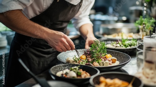 Chef Arranging Dish in Restaurant Kitchen