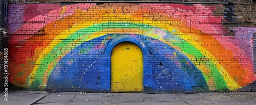 Bright rainbow-painted brick wall with a yellow door, symbolizing urban revitalization, community art, and the transformative power of color