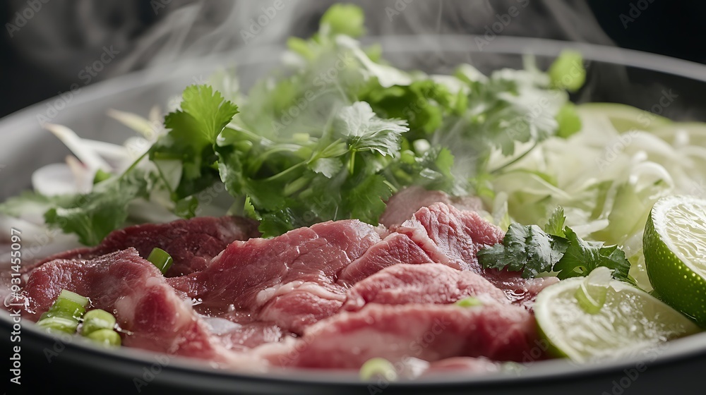 Steaming Bowl of Raw Meat, Cilantro, Onions, and Lime Steaming Bowl of Raw Meat, Cilantro, Onions, and Lime