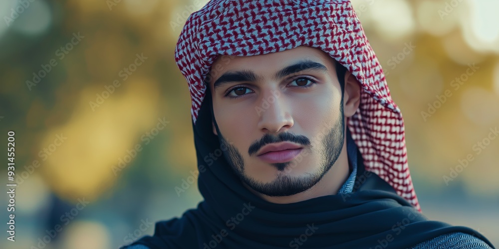 A man with a beard and a red and white scarf on his head. He is looking at the camera A man with a beard and a red and white scarf on his head. He is looking at the camera