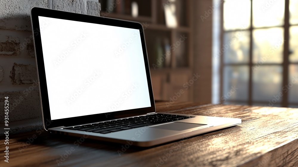 Side View of a Laptop with a Blank Screen on a Polished Wooden Desk Side View of a Laptop with a Blank Screen on a Polished Wooden Desk