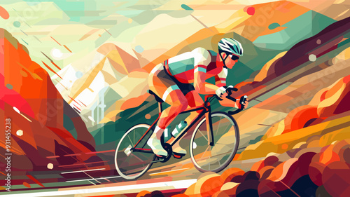 Professional bicyclist riding a bike on abstract orange color graphic background. Cycle sport low poly style poster, vector illustration