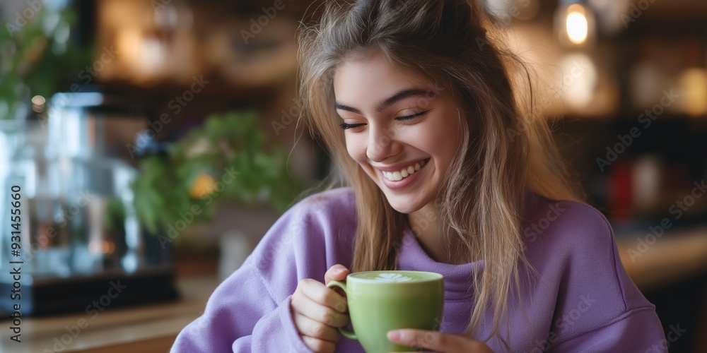 A woman is sitting at a table with a green mug of coffee in front of her. She is smiling and she is enjoying her drink A woman is sitting at a table with a green mug of coffee in front of her. She is smiling and she is enjoying her drink